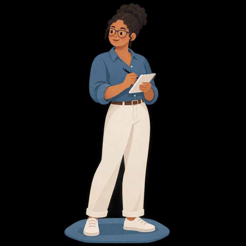 A Coloured South African woman in her 20s with glasses, holding a notebook, in a slate shirt