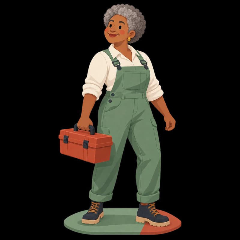 A Black woman in her 60s with grey hair, carrying a toolbox